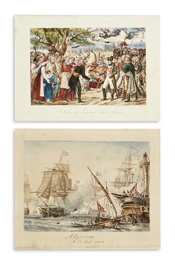 (NAPOLEONIC WATERCOLORS.) Group of 55 nineteenth century watercolors designed to illustrate the life and deeds of Napoleon Bonaparte.